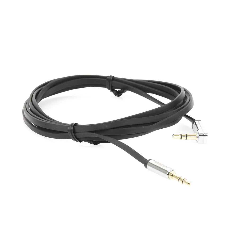 Cable Auxiliar Plano 2 Metros Conector 3.5mm a 3.5mm Macho-Macho Recto a Angulo Ángulo de 90° en una de sus Puntas Color Negro 10599 - SILYMX