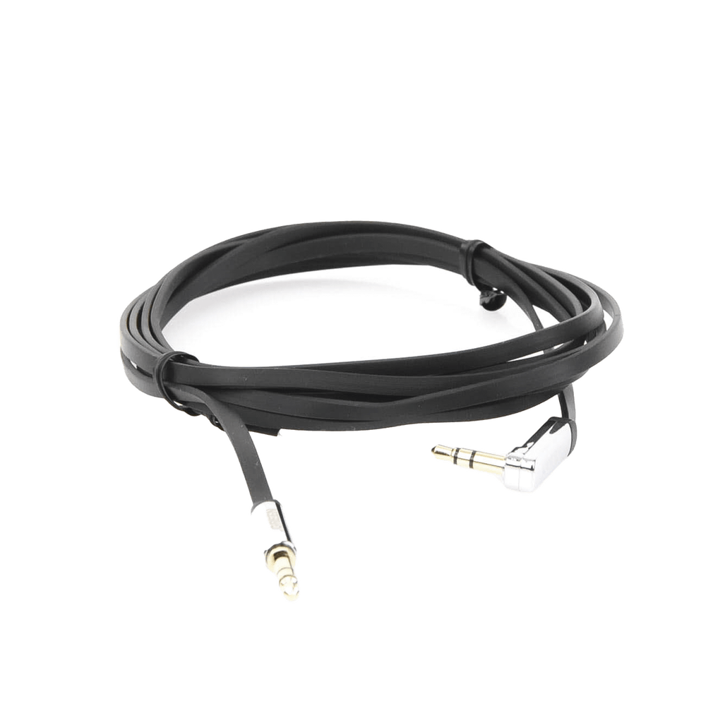 Cable Auxiliar Plano 2 Metros Conector 3.5mm a 3.5mm Macho-Macho Recto a Angulo Ángulo de 90° en una de sus Puntas Color Negro 10599 - SILYMX