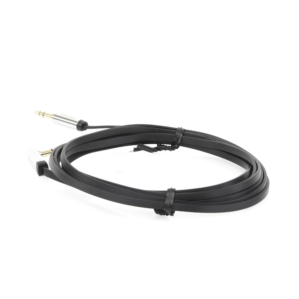 Cable Auxiliar Plano 2 Metros Conector 3.5mm a 3.5mm Macho-Macho Recto a Angulo Ángulo de 90° en una de sus Puntas Color Negro 10599 - SILYMX