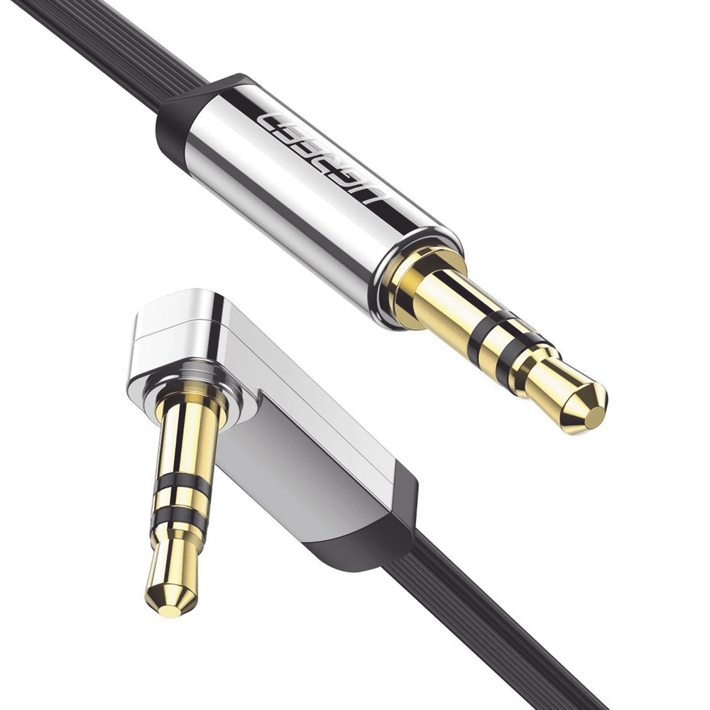 Cable Auxiliar Plano 2 Metros Conector 3.5mm a 3.5mm Macho-Macho Recto a Angulo Ángulo de 90° en una de sus Puntas Color Negro 10599 - SILYMX