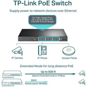 Switch PoE+ Tp-link no Administrable 26 puertos 10/100 Mbps + 2 puertos 1000 Mbps + 2 SFP 8 puertos Extensor PoE 250 m 250W TL-SL1226P - SILYMX