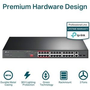 Switch PoE+ Tp-link no Administrable 26 puertos 10/100 Mbps + 2 puertos 1000 Mbps + 2 SFP 8 puertos Extensor PoE 250 m 250W TL-SL1226P - SILYMX