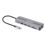 USB 3.2 Gen 1 Tipo-C Macho a HDMI 4K@30Hz, dos USB-A (5 Gbps) Gigabit RJ45 y USB-C PD 87 W Hembra, Lector de tarjetas SD microSD Aluminio Plata Negro 153928 - SILYMX