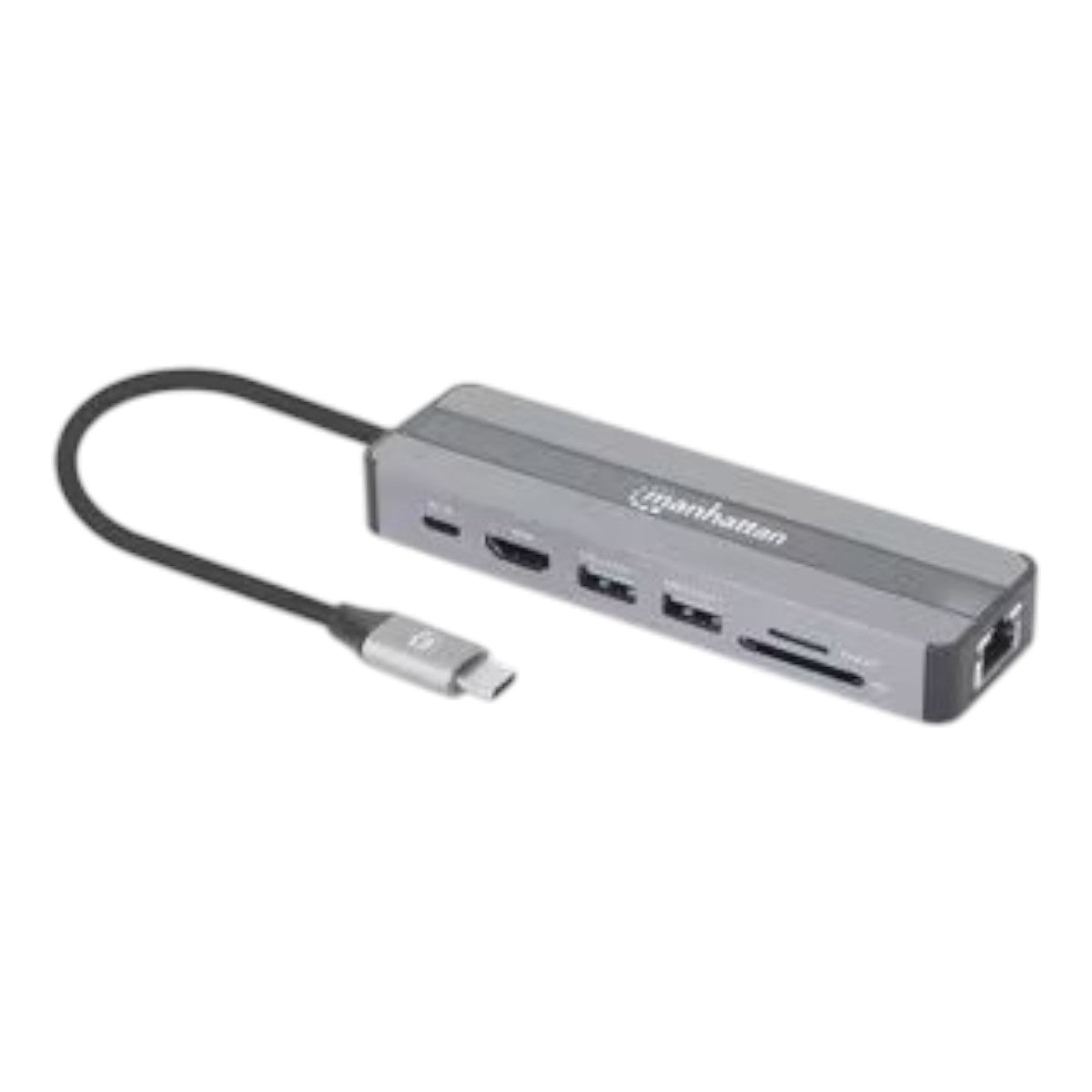 USB 3.2 Gen 1 Tipo-C Macho a HDMI 4K@30Hz, dos USB-A (5 Gbps) Gigabit RJ45 y USB-C PD 87 W Hembra, Lector de tarjetas SD microSD Aluminio Plata Negro 153928 - SILYMX