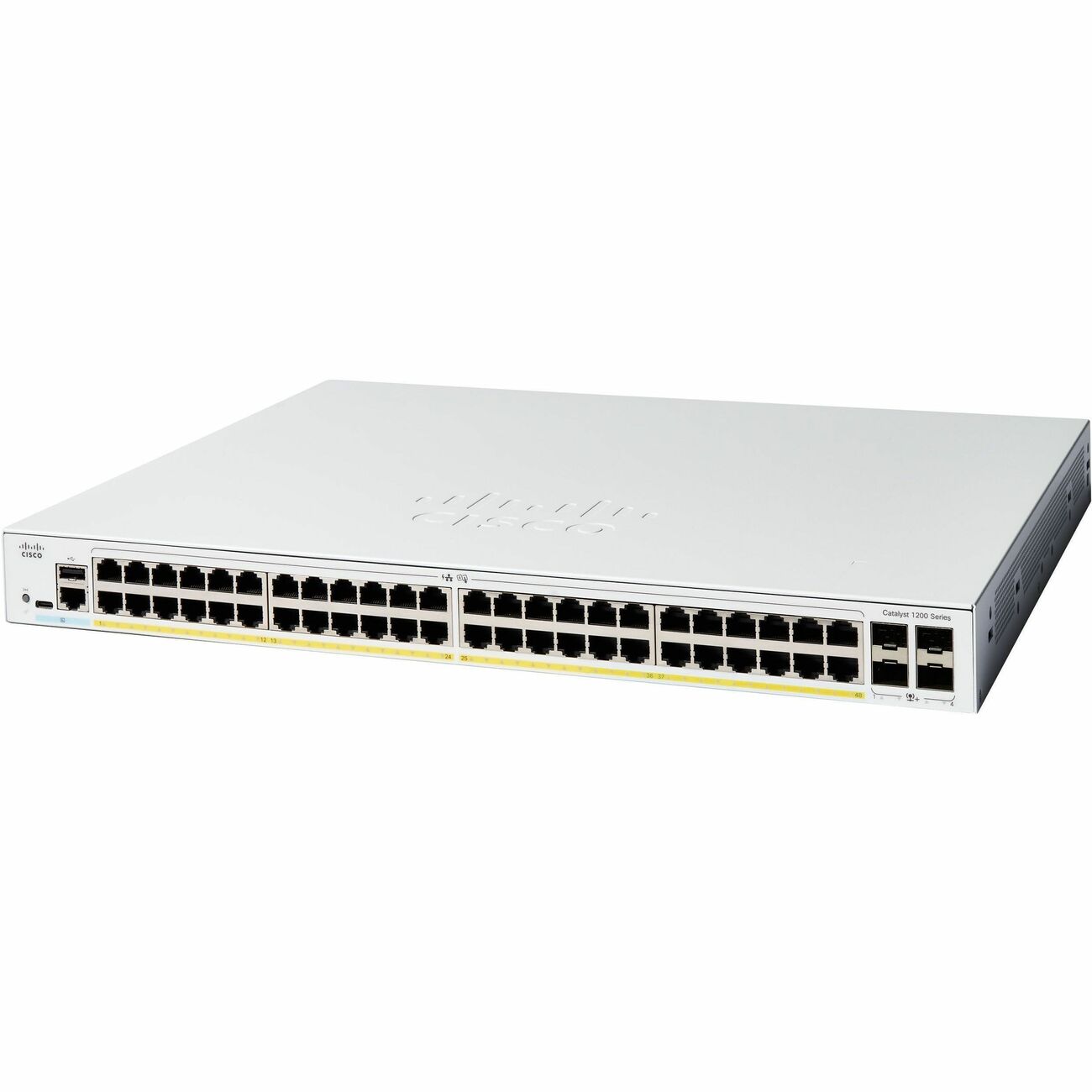 Cisco Switch Catalyst 1200 48 puertos Gigabit Ethernet PoE+ con 375W totales 4 Puertos SFP+ (4x 1G/10G) Incluye cable CAB-16AWG-AC el Smartnet se adquieren por separado - SILYMX
