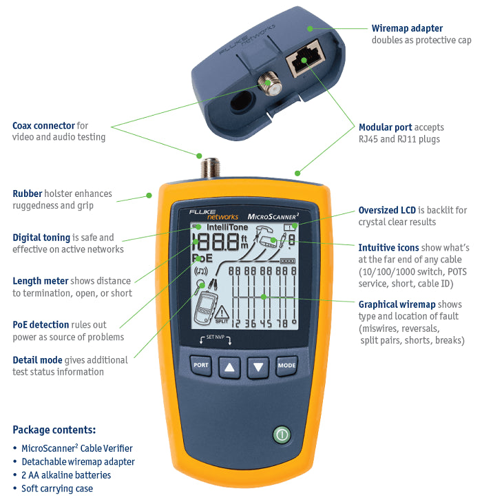 Verificador de Red Fluke MicroScanner2 para Comprobación de Redes de Voz Datos y Video Con Pantalla LCD Retroiluminada MS2-100 - SILYMX