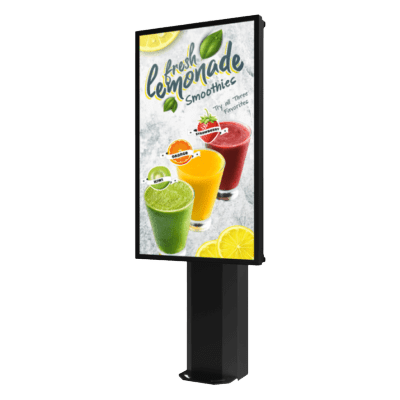 Kiosco exterior para pantalla 55" / IP65 / UL 48 / Base pedestal 8' / Rotación 30° / Diseño ultradelgado