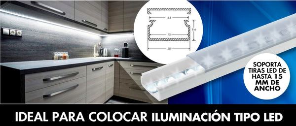 Canaleta para tira LED con tapa transparente de PVC Difusor ideal para colocar iluminación 20 x 10mm 1.53 m con cinta Autoadherible TMK-1020-TP2 - SILYMX