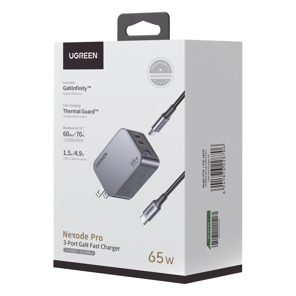 Cargador de Pared 65W GaN 3 Puertos 2 USB-C 1 USB-A PD3.1 QC4.0 Aluminio con Cable UGREEN Nexode Pro 25870 - Imagen 3