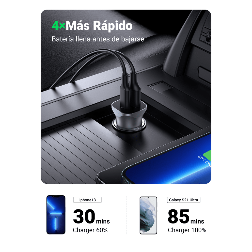 Cargador de Auto 24W Dual USB-C PD 3.0 y USB-A QC 3.0 12-24 VCD Aluminio UGREEN 30780 - Imagen 3