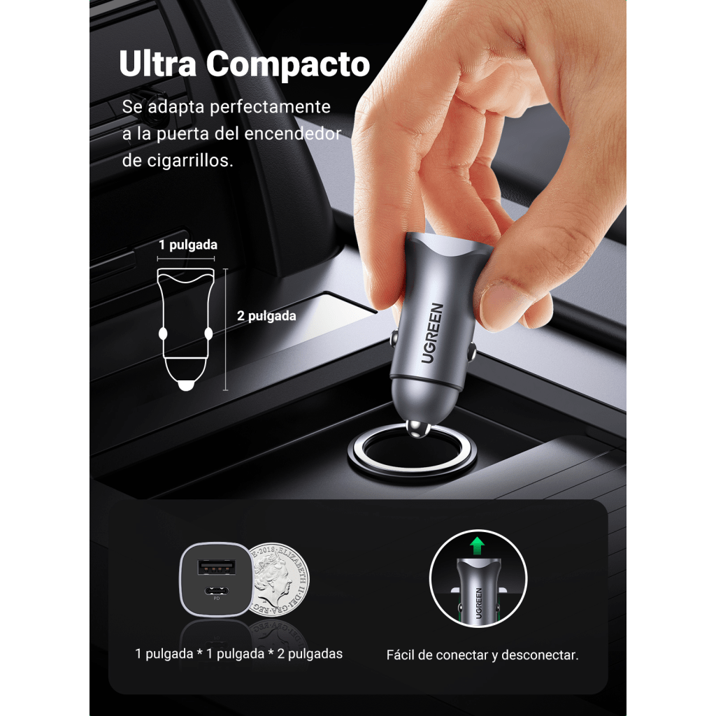 Cargador de Auto 24W Dual USB-C PD 3.0 y USB-A QC 3.0 12-24 VCD Aluminio UGREEN 30780 - Imagen 4