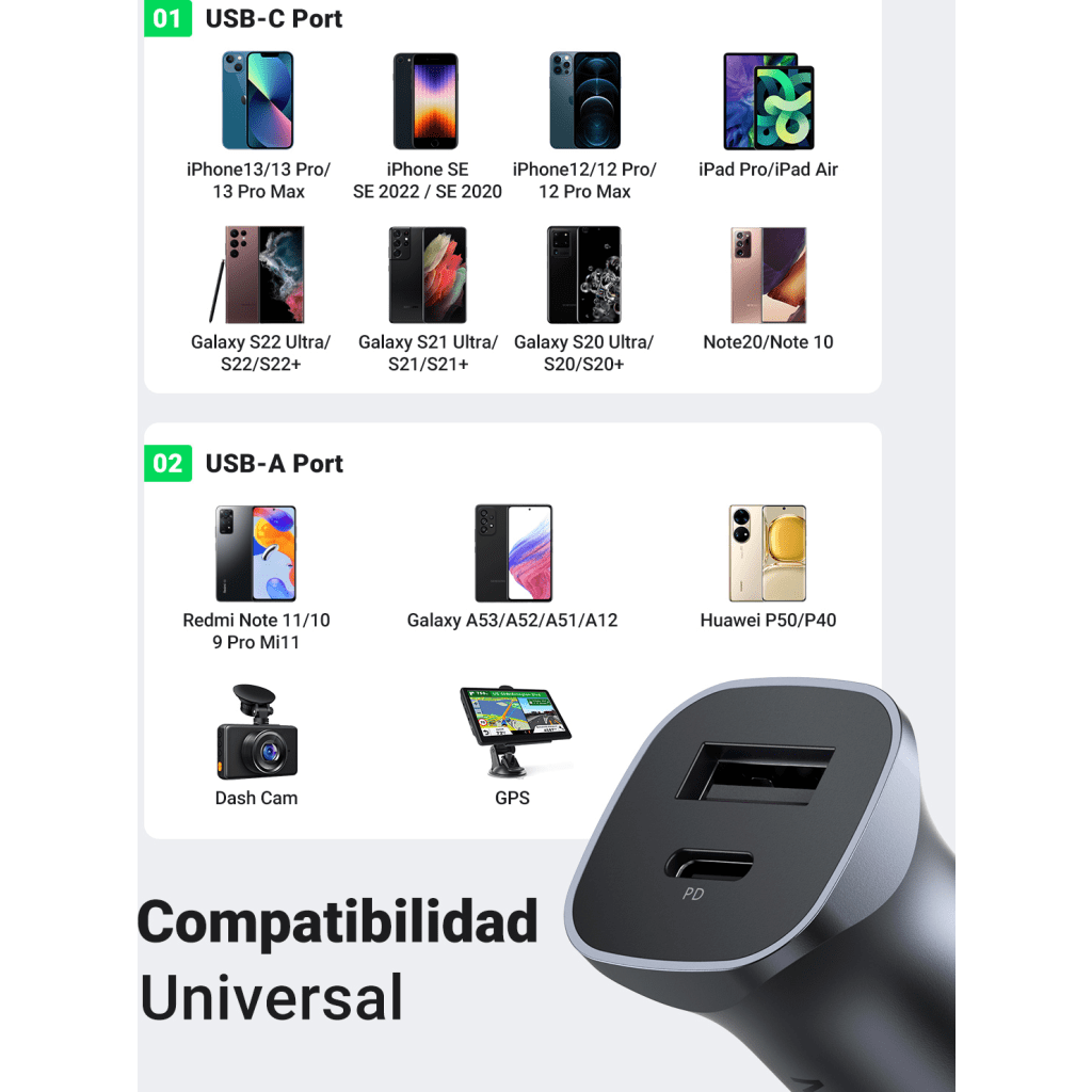 Cargador de Auto 24W Dual USB-C PD 3.0 y USB-A QC 3.0 12-24 VCD Aluminio UGREEN 30780 - Imagen 5