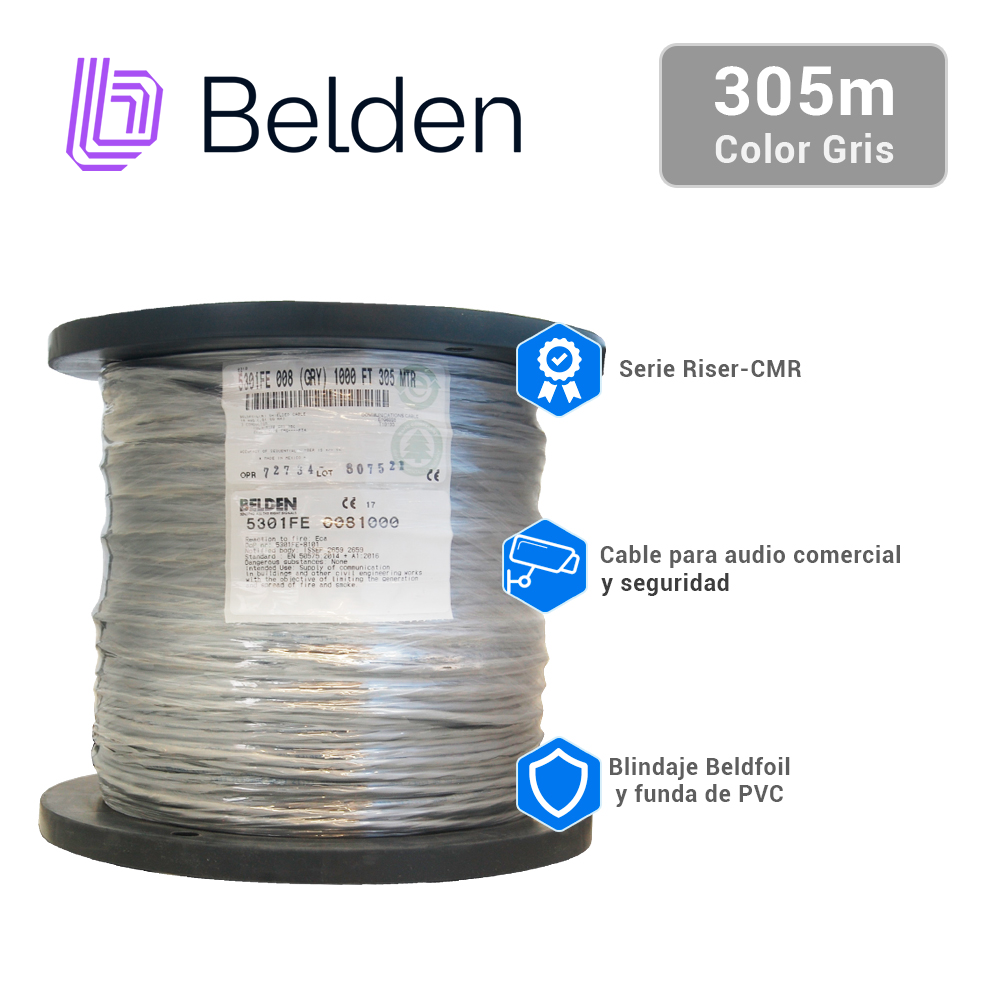Bobina Cable Blindado 305m (1001ft) 3x18 AWG CMR Gris Belden 5301FE 0081000 - Imagen 1
