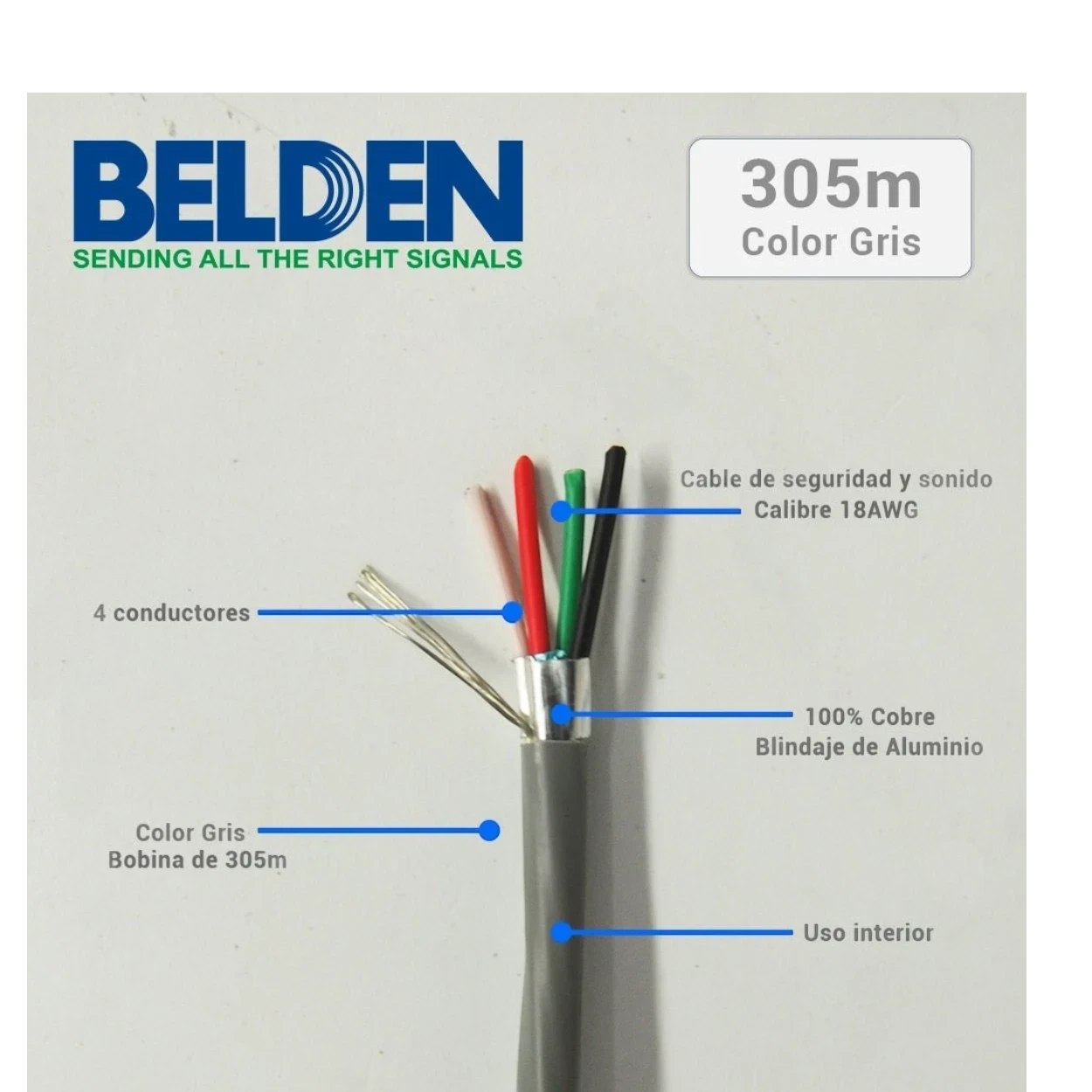 Bobina de Cable Belden 4x18 AWG Blindado 5302FE 305 Metros Gris 5302FE 0081000 - SILYMX