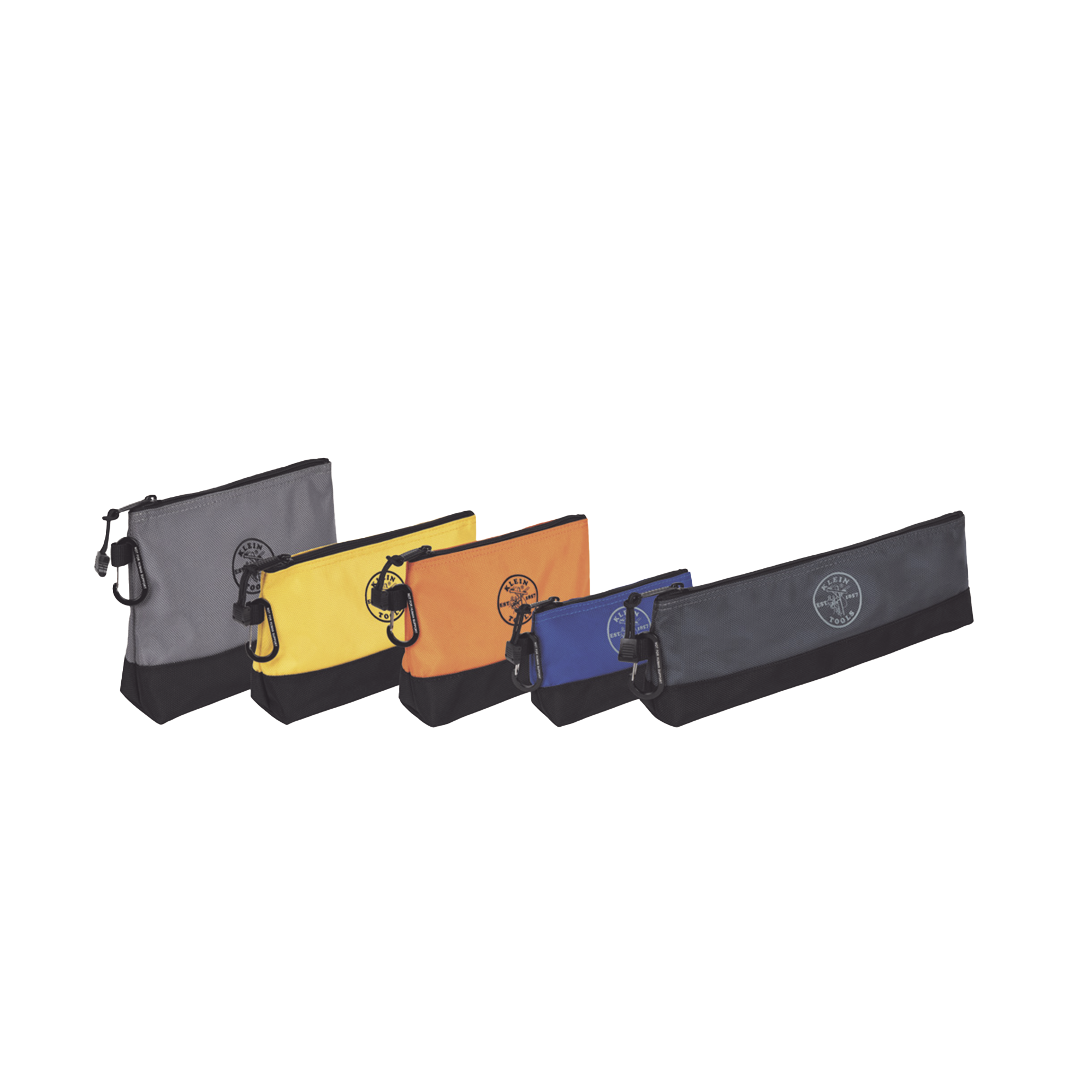 KIT 5 Bolsos Ultra Resistentes para Herramientas con Base y cierre Zipper, Colores: gris claro, amarillo, naranja, azul, gris oscuro. Todos con Mosquetones de Aluminio KLEIN TOOLS 55569 - SILYMX