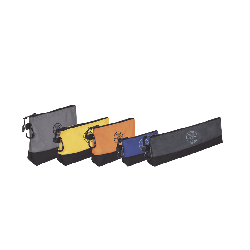 KIT 5 Bolsos Ultra Resistentes para Herramientas con Base y cierre Zipper, Colores: gris claro, amarillo, naranja, azul, gris oscuro. Todos con Mosquetones de Aluminio KLEIN TOOLS 55569 - SILYMX