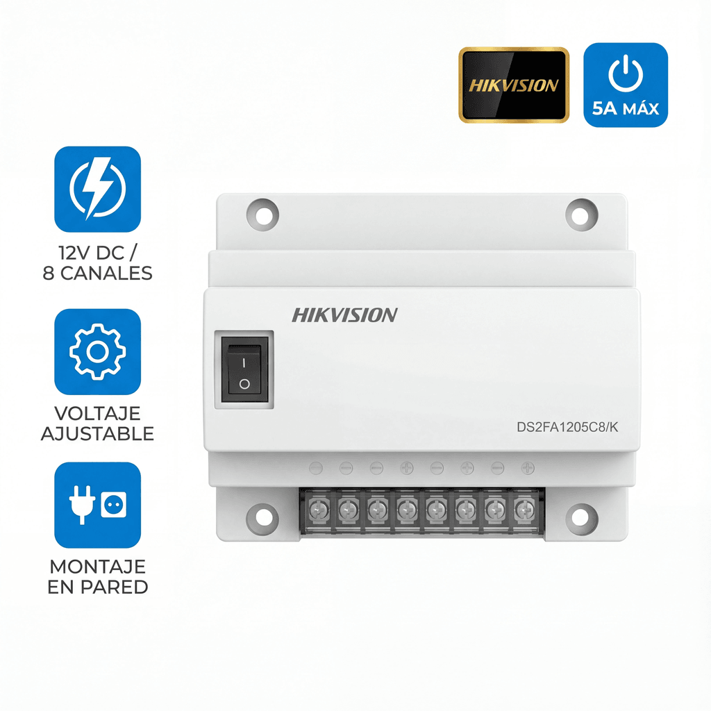 Fuentes de PoderHIKVISIONDS-2FA1205-C8/KFuente de Poder Regulada 12 Vcc 13.5 Vcc 15 Vcc para 8 Cámaras 1 Amp por Salida Voltaje de Entrada 90 - 130 VCA para Largas Distancias DS - 2FA1205 - C8/K - SILYMX