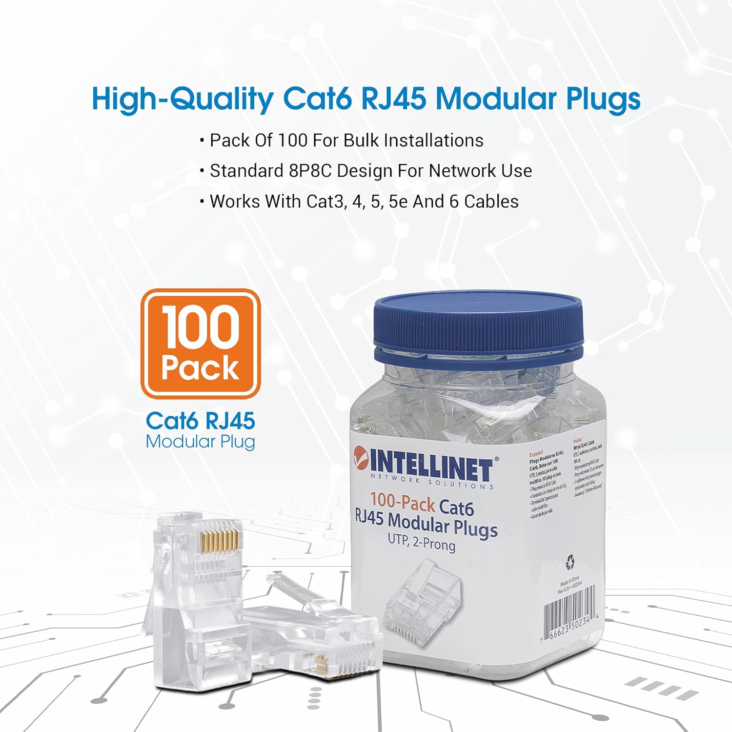 Plugs RJ45 Cat6 Multifilar INTELLINET 502344 100 Piezas Oro 15 Micras UTP 502344 - SILYMX