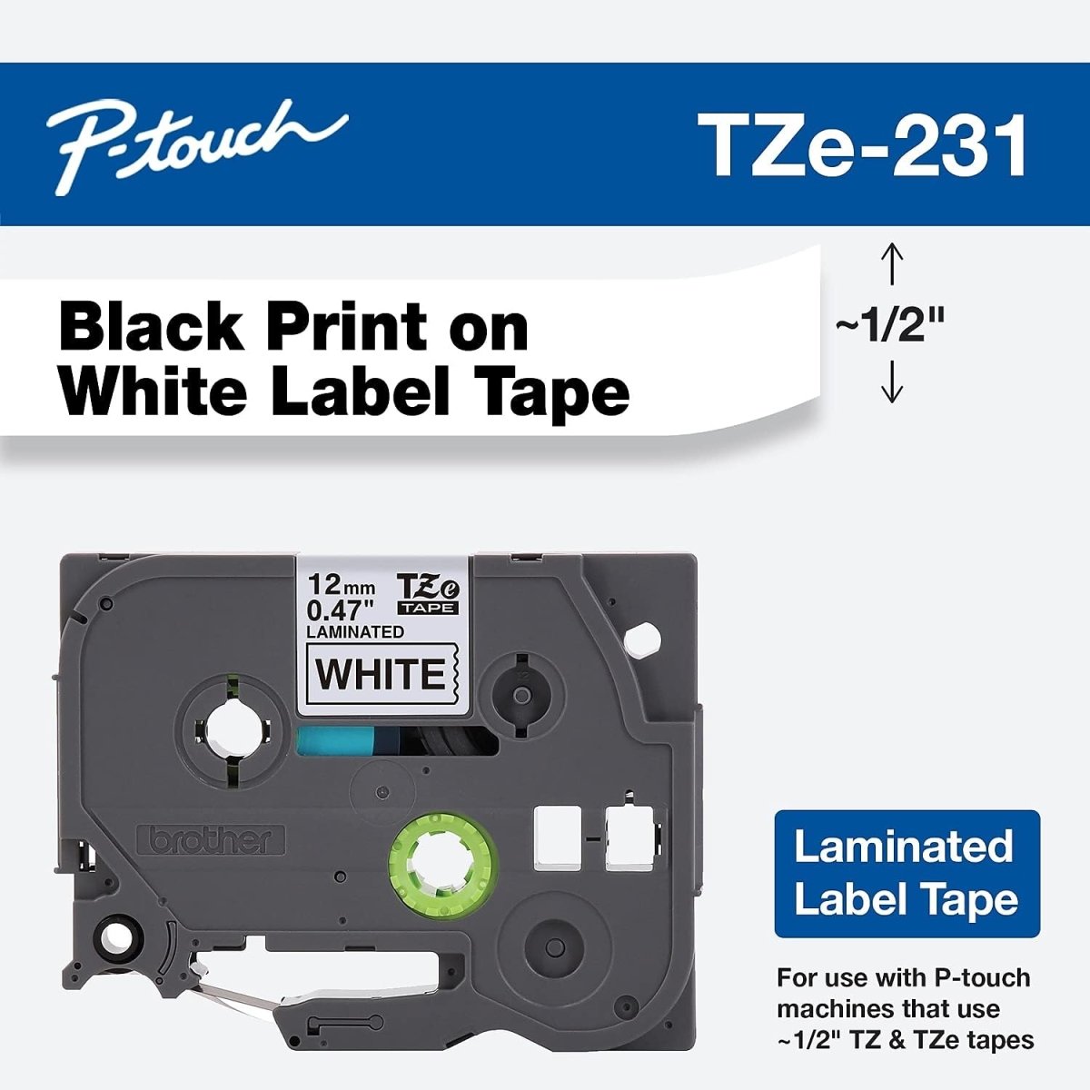 Etiqueta blanca continua laminada Brother TZE231 de 12 mm de ancho x 8 mts de largo Impresión en negro - SILYMX