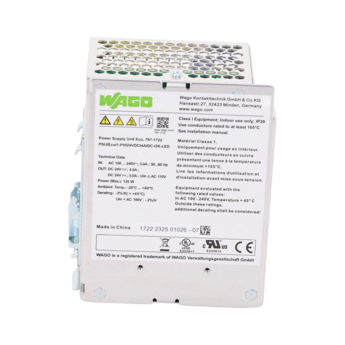 Fuentes de PoderWAGO787-1722Fuente de Alimentación WAGO 787 - 1722 · 24V DC · 5A · 120W · Carril DIN · CAGE CLAMP® · IP20 - SILYMX