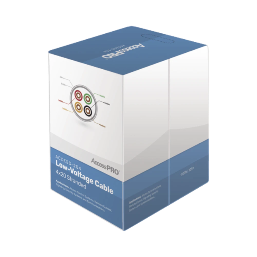 Bobina de 305 metros con 4 conductores de cobre trenzado calibre 20, aislamiento individual de FRPVC de alta calidad, cubierta exterior de PVC con protección anti-flama CM. Para aplicaciones de control de acceso - SILYMX