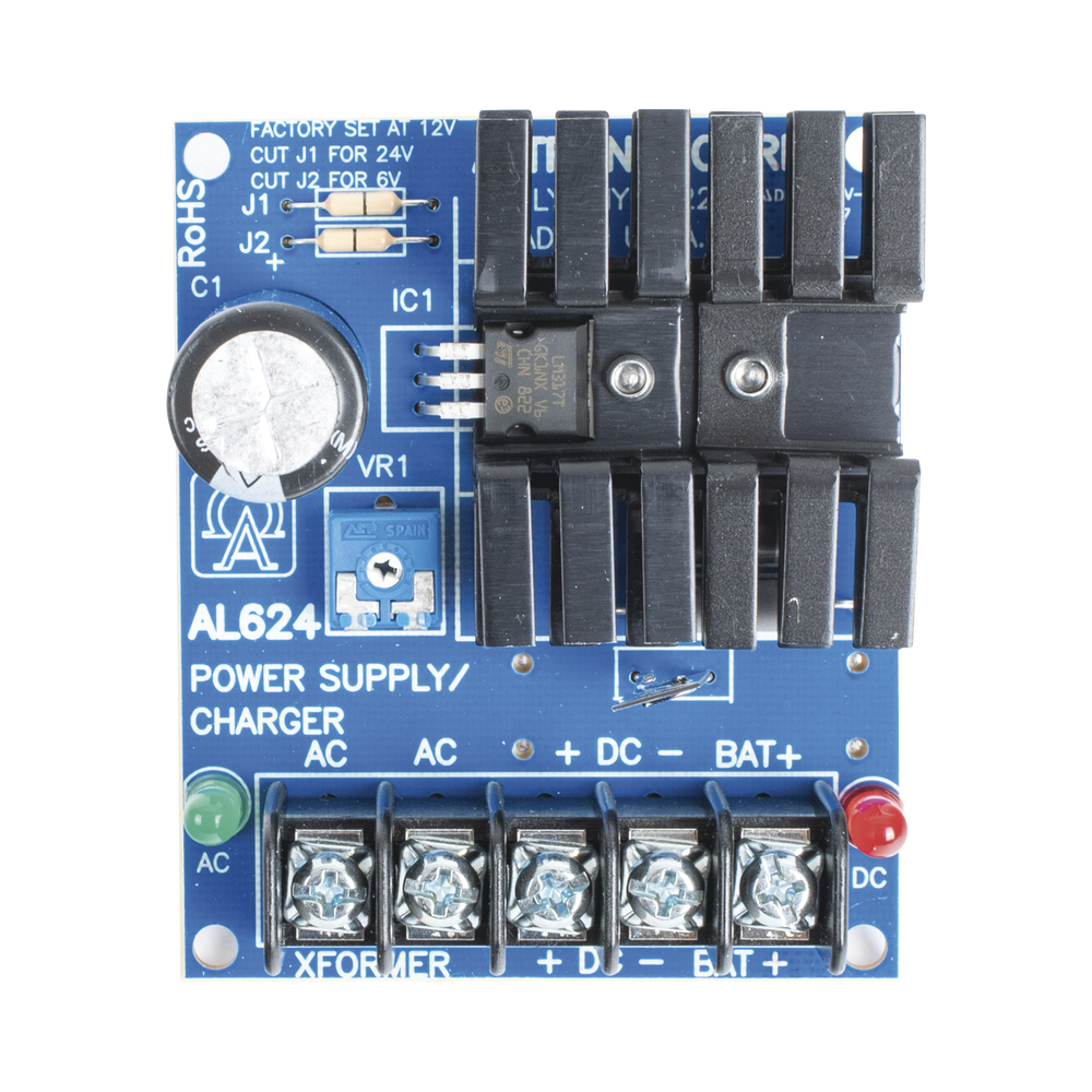 Fuente tipo tarjeta Altronix 6 o 12 o 24 Vcc @ 1.2 A o 0.75 A  1 salida requiere transformador capacidad de respaldo Batería no incluida AL-624 - SILYMX