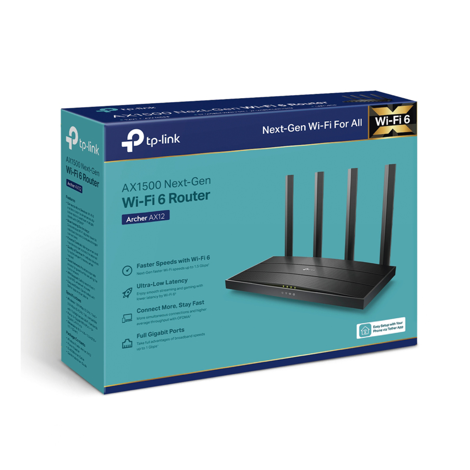 Router TP-LINK Archer AX12 WiFi 6 AX1500 · OneMesh · MU-MIMO 2x2 · OFDMA · 1 WAN + 3 LAN Gigabit · 4 Antenas - SILYMX