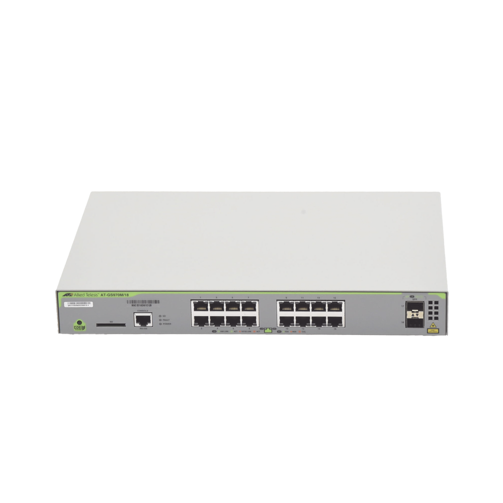 Switch Administrable CentreCOM GS970M, Capa 3 de 16 Puertos 10/100/1000 Mbps + 2 puertos SFP Gigabit - SILYMX