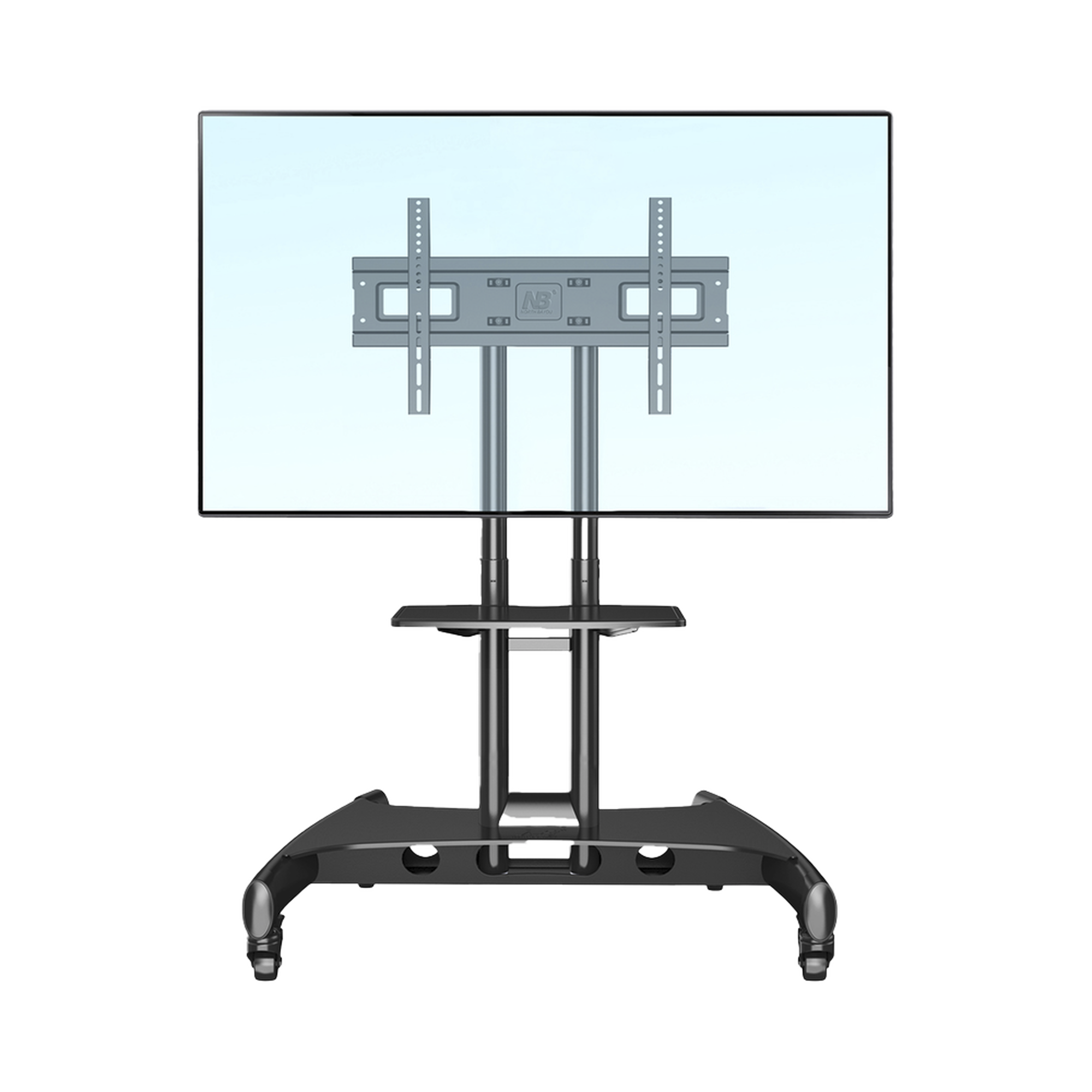 Soporte Móvil para Pantalla / 32" a 75" / Carga 45.5 kg (100 lbs) / VESA 200x200 a 600x400 mm / Altura Ajustable 1120-1520 mm (3.67 a 4.99 ft) / Base para Accesorios / 4 Ruedas 360°