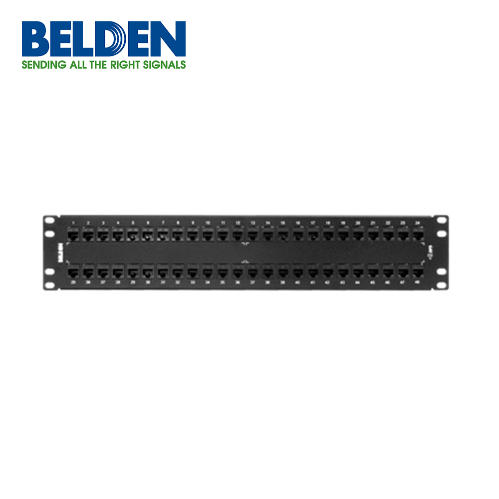 Panel de Parcheo Belden Cat6+ Categoría 6 KeyConnect 2U 48 Puertos Totalmente cargado Color Negro AX103255
