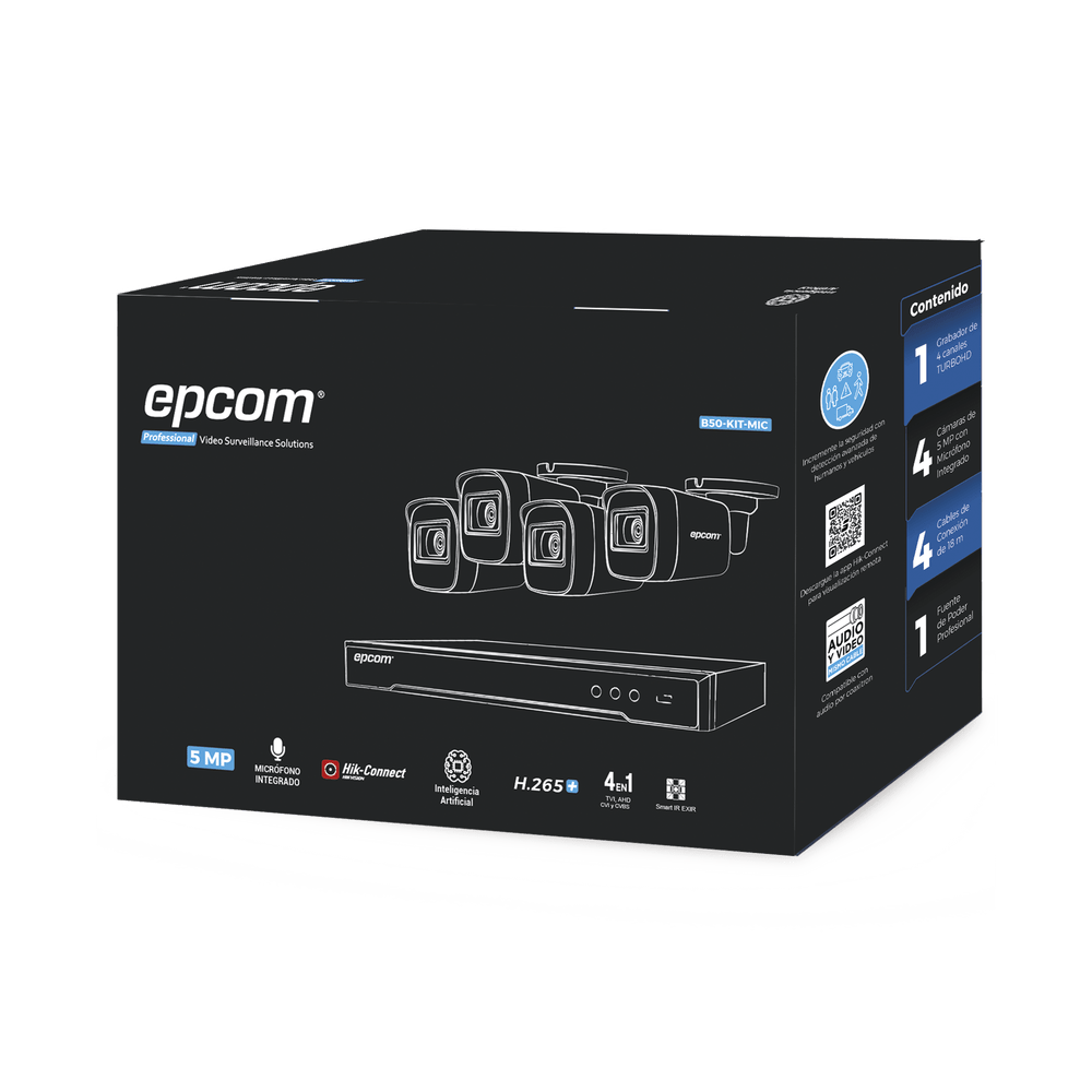 Kit TURBOHD 5 Megapixel / DVR 4 Canales / 4 Cámaras de 5 Megapixel con Micrófono Integrado / 4 Cables 18 Metros / Fuente de Poder Profesional - SILYMX