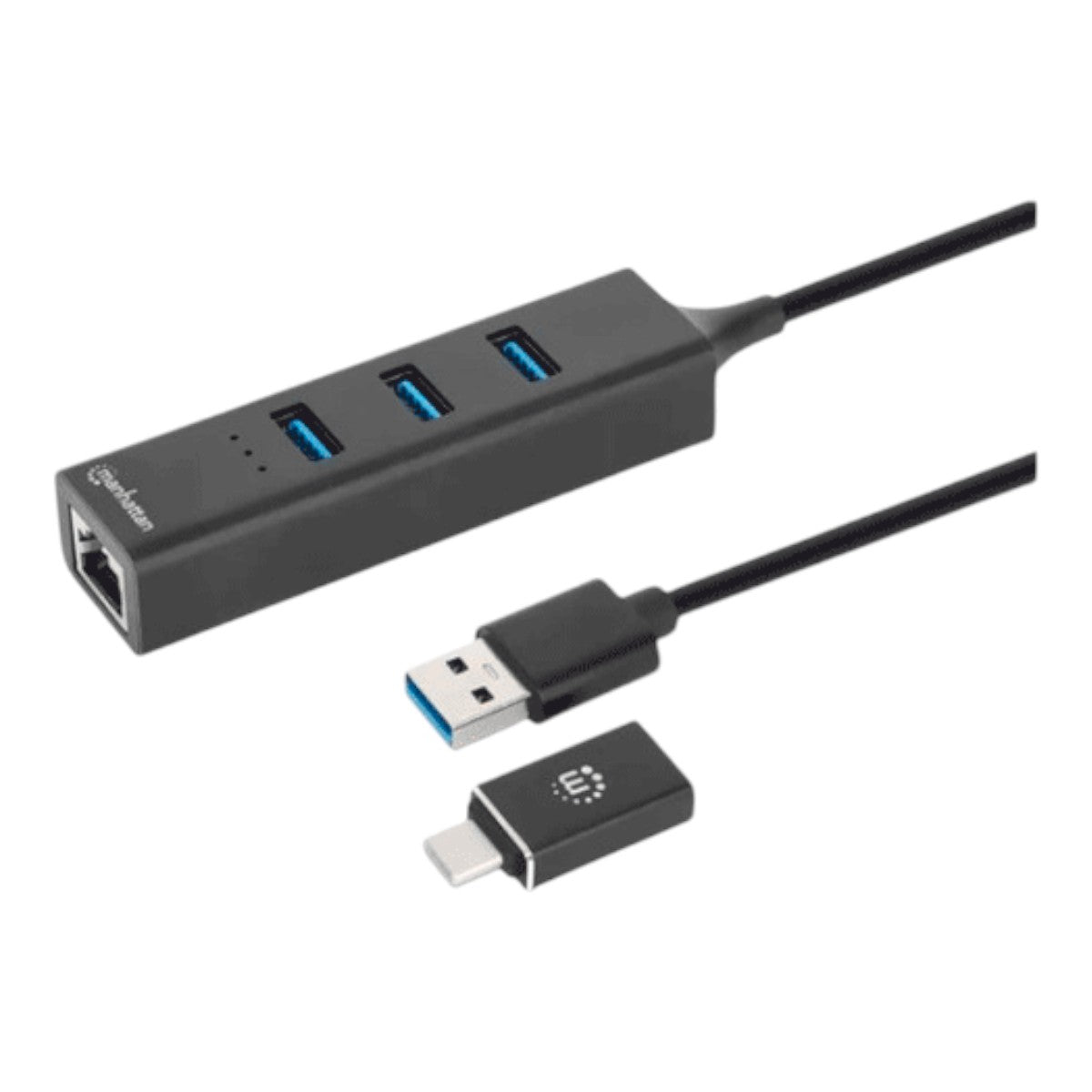 Adaptador de Red GB USB A/C con Hub V3.2 USB-A macho con acoplador USB-C macho a conector RJ-45 hembra y tres conectores USB-A de 5 Gbps de Súper Velocidad USB 3.2 Gen1 alimentado por bus negro 180894 - SILYMX