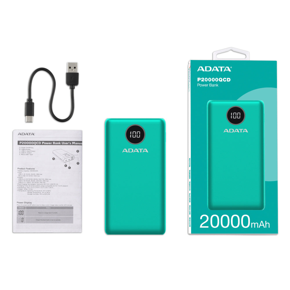 PowerBank ADATA P20000QCD 20,000 mAh, QC 3.0 & USB PD 3.0, LCD, 2×USB-A + 1×USB-C – Verde