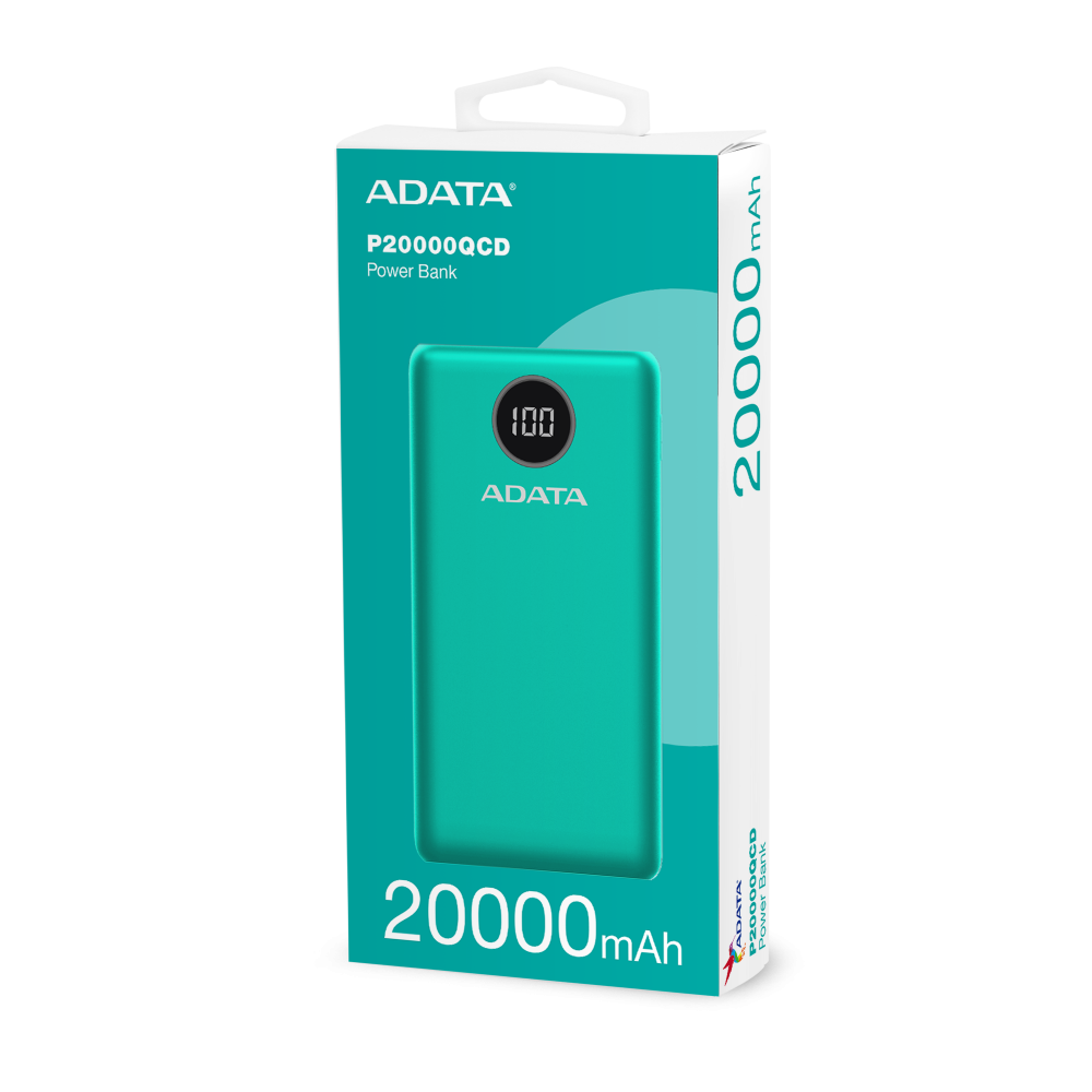 PowerBank ADATA P20000QCD 20,000 mAh, QC 3.0 & USB PD 3.0, LCD, 2×USB-A + 1×USB-C – Verde