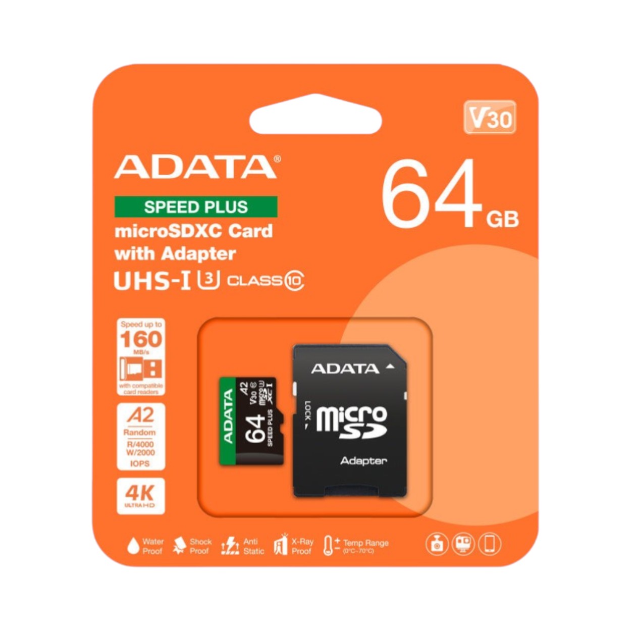 MicroSD ADATA SPEED PLUS 64GB · UHS-I U3 · V30 · Clase 10 · A2 · 180/160 MB/s · UD64GUI3V30A2SP-RA1 - SILYMX
