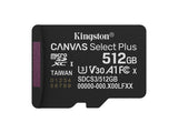 Memoria Flash Kingston Canvas Select Plus Gen 3 512GB · MicroSDXC UHS-I · Clase 10 · V30 · A1 · Incluye Adaptador