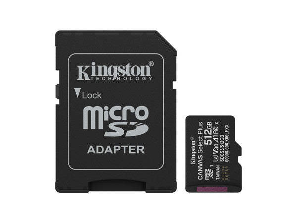 Memoria Flash Kingston Canvas Select Plus Gen 3 512GB · MicroSDXC UHS-I · Clase 10 · V30 · A1 · Incluye Adaptador