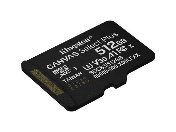 Memoria Flash Kingston Canvas Select Plus Gen 3 512GB · MicroSDXC UHS-I · Clase 10 · V30 · A1 · Incluye Adaptador