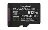 Memoria Flash Kingston Canvas Select Plus Gen 3 512GB · MicroSDXC UHS-I · Clase 10 · V30 · A1 · Incluye Adaptador