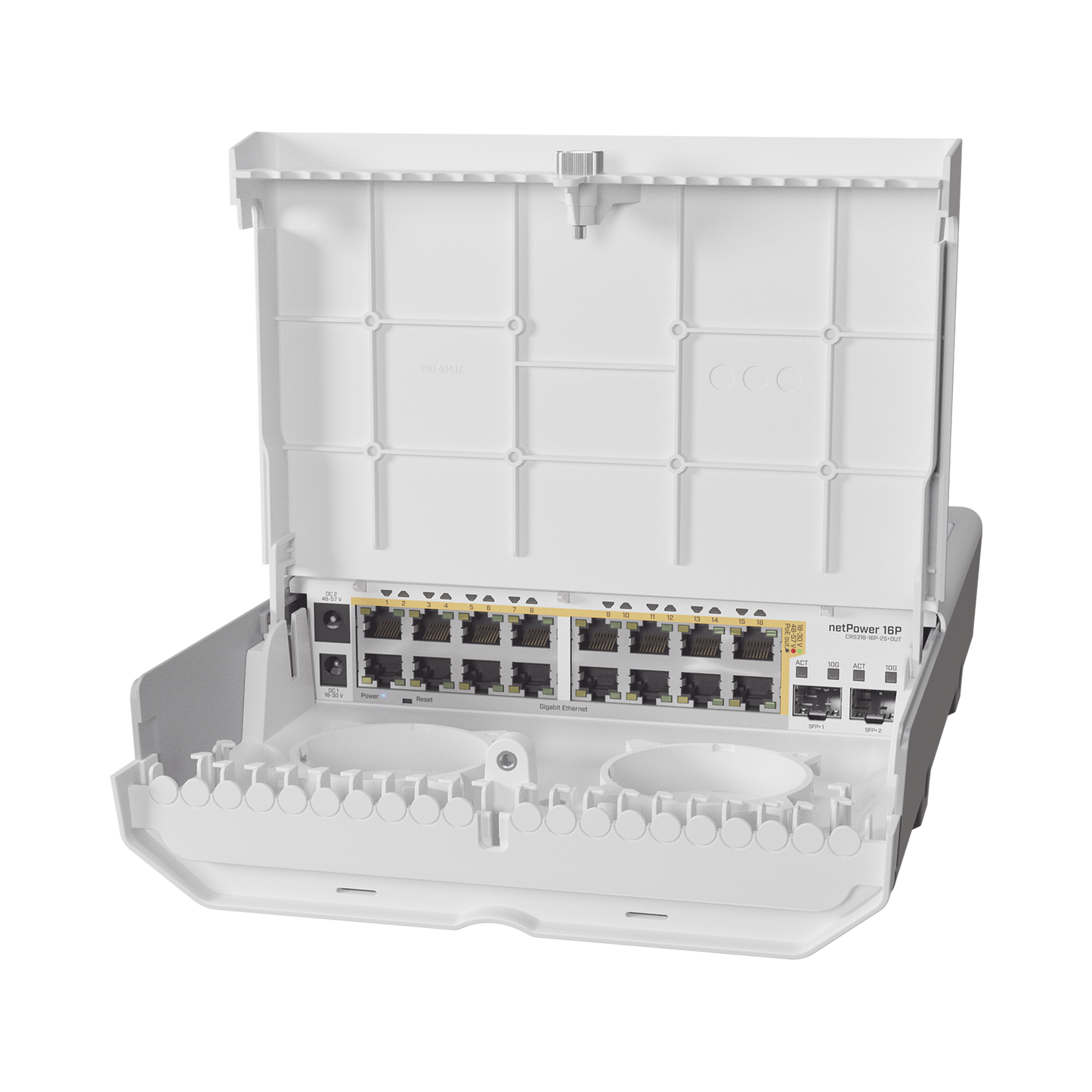 Switch MikroTik netPower 16P CRS318-16P-2S+OUT · 16 Puertos PoE · 2 SFP+ 10G · Exterior · Dual Boot RouterOS/SwitchOS - SILYMX