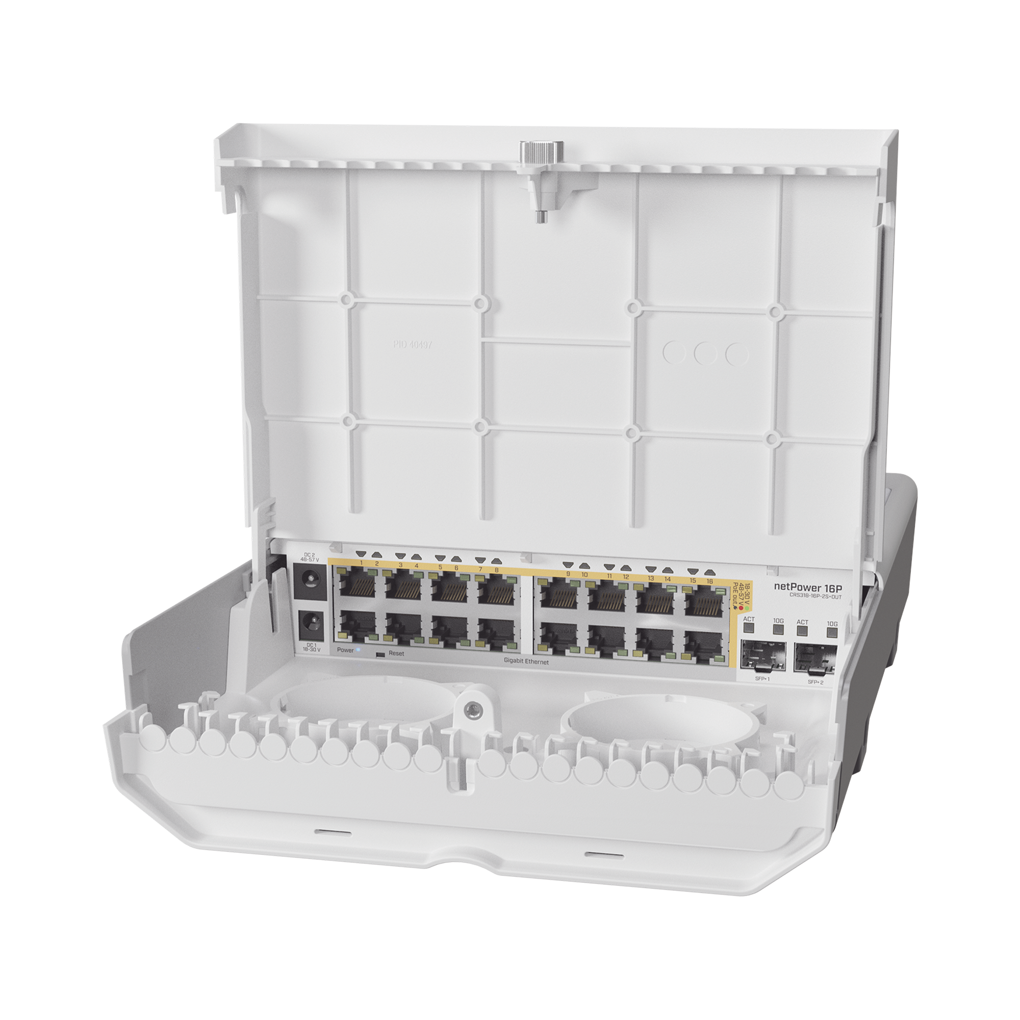 Switch MikroTik netPower 16P CRS318-16P-2S+OUT · 16 Puertos PoE · 2 SFP+ 10G · Exterior · Dual Boot RouterOS/SwitchOS - SILYMX