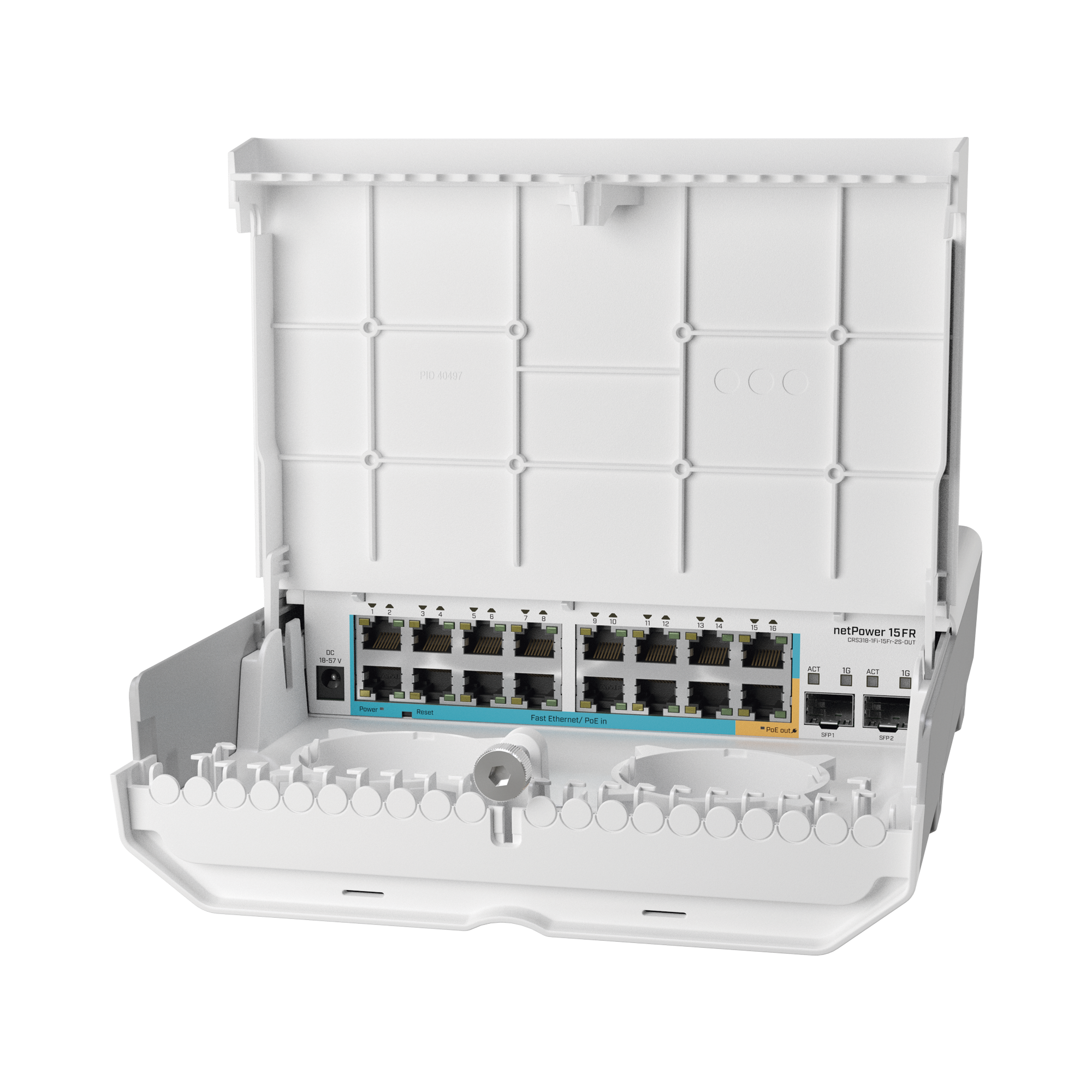 Switch exterior de 18 puertos con 15 puertos PoE inversos y SFP netPower 15FR CRS318-1FI-15FR-2S-OUT
