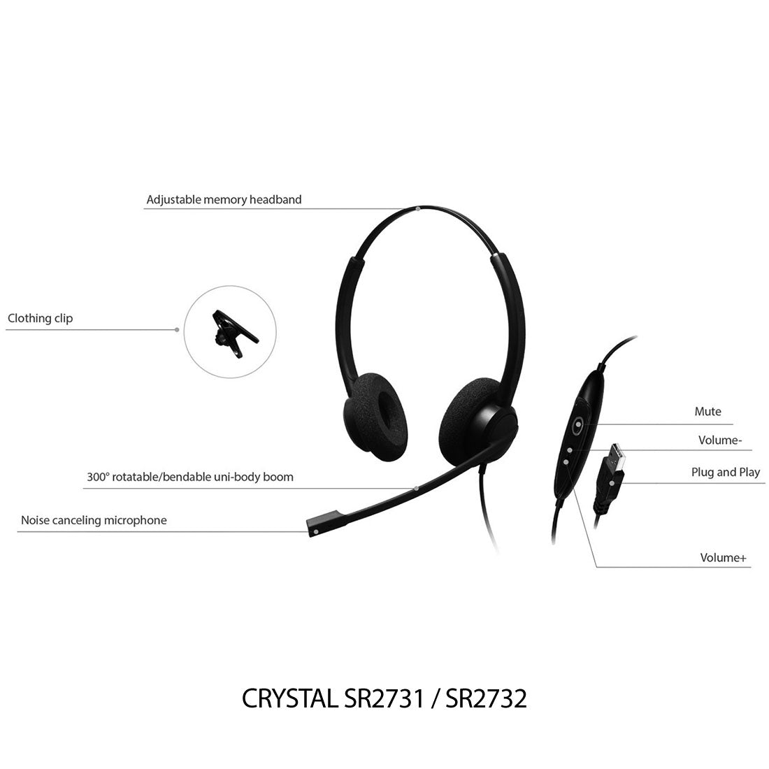 Diadema clásica accesible control mute y vol USB Monoaural CRYSTAL SR2731 - SILYMX