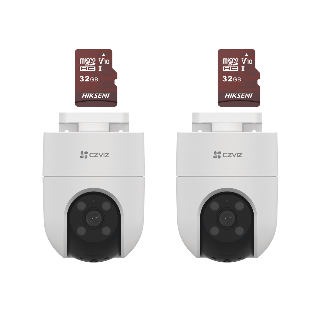 Kit de Camaras WiFi, Incluye 2 Piezas CS-H8C y 2 Piezas HS-TF-E1/32G Audio de Dos Vías Detección de Movimiento Luz Estroboscópica Sirena Uso en Exterior con Protección CS-H8C/KM2 - SILYMX