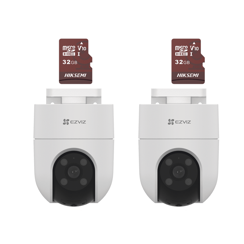 Kit de Camaras WiFi, Incluye 2 Piezas CS-H8C y 2 Piezas HS-TF-E1/32G Audio de Dos Vías Detección de Movimiento Luz Estroboscópica Sirena Uso en Exterior con Protección CS-H8C/KM2 - SILYMX