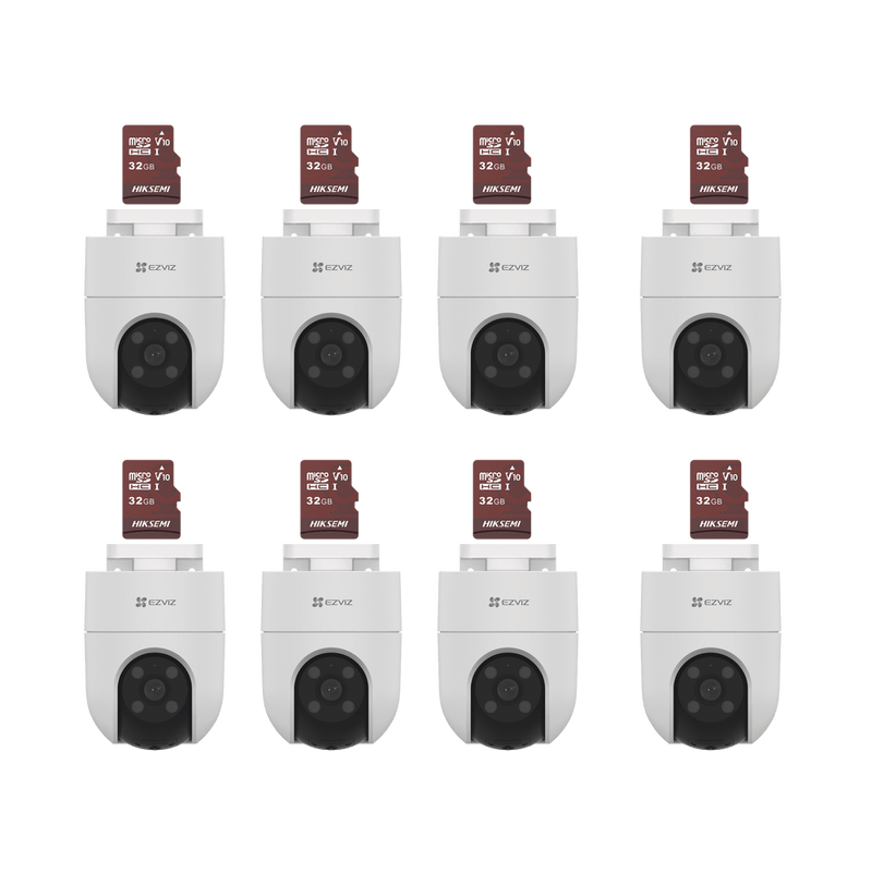 Kit de Camaras WiFi, Incluye 8 Piezas CS-H8C y 8 Piezas HS-TF-E1/32G Audio de Dos Vías Detección de Movimiento Luz Blanca Sirena Uso en Exterior con Protección CS-H8C/KM8 - SILYMX