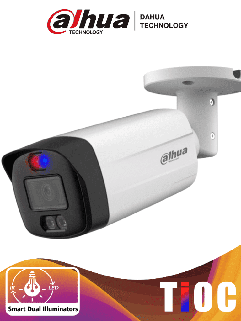 Camara Bullet HDCVI 5MP Lente 2.8mm IR 40m Luz Roja y Azul Dahua DH-HAC-ME1509THN-A-PV-0280B-S2 - SILYMX