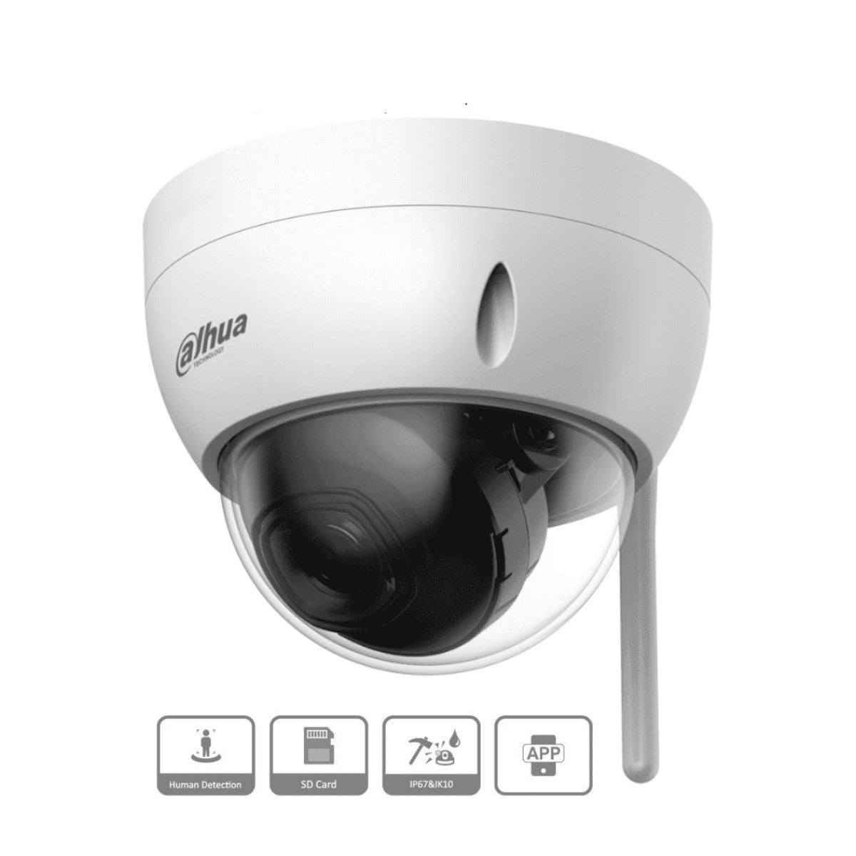 Camara IP Domo Wifi de 2 Megapixeles Lente de 2.8 mm 100 Grados de Apertura IR de 30 Metros Ranura para MicroSD IP67 Antivandálica Ik10 Detección de Humanos SMD Hasta 80 Metros de Alcance en Area Abierta DH-IPC-HDBW1230DE-SW - SILYMX