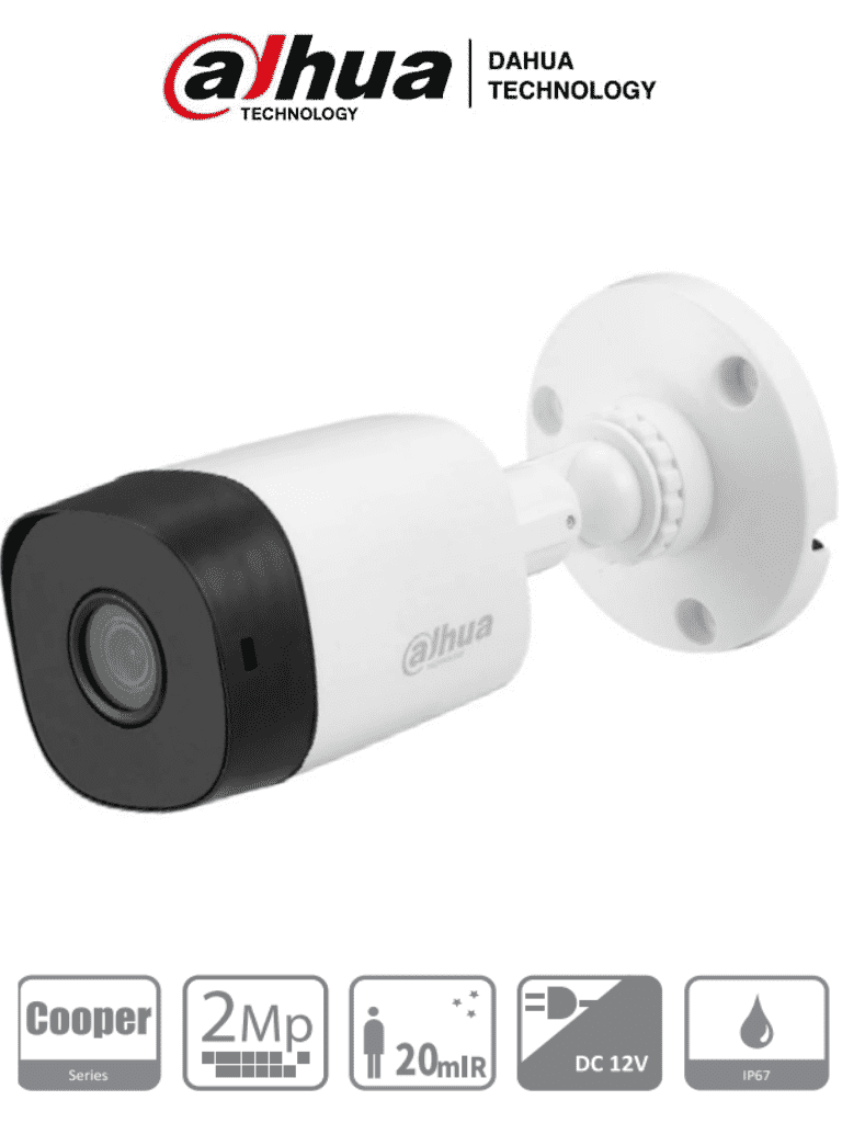 Camara Bullet Dahua de 2 Megapixeles 1080p Lente de 2.8 mm 100 Grados de Apertura IR de 20 Metros IP67 CVI/TVI/AHD y CVBS DH-HAC-B1A21N - SILYMX