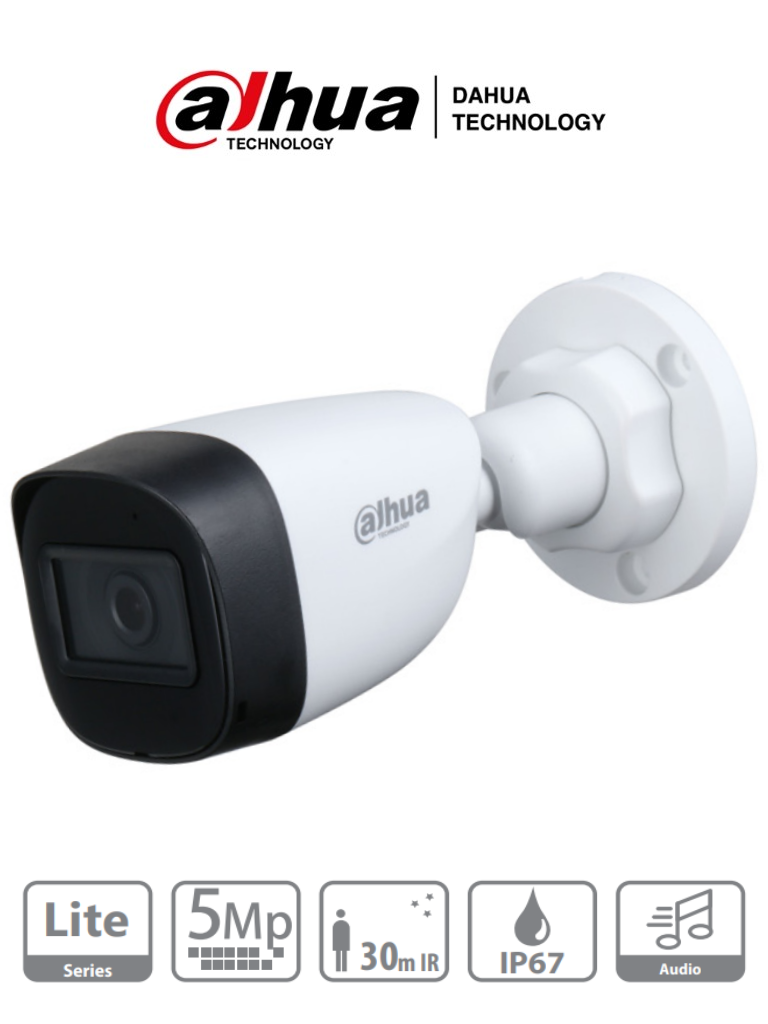 Camara Bullet HDCVI 5MP Starlight Lente 2.8mm IR 30m Microfono IP67 Dahua DH-HAC-HFW1500CN-A-0280B-S2 - SILYMX